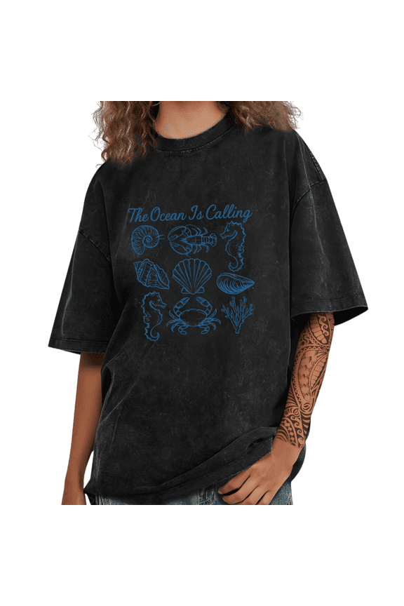 The Ocean Is Calling Nautical Sea Creature Shell Graphic Tees T-shirt Tops Comfortable Short Sleeve Black S-2XL Plus Size