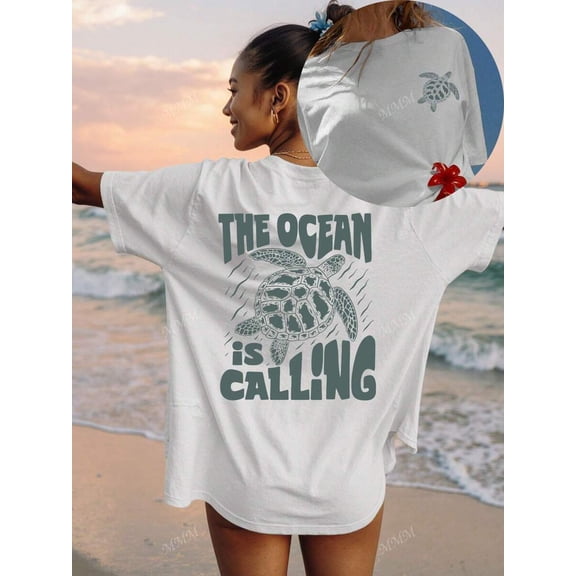 The Ocean Is Calling & Turtle Print Summer Women's Oversize Short Sleeve Top, Casual Women's Clothing, Summer T-Shirts, Summer Tops, Graphic T-Shirts