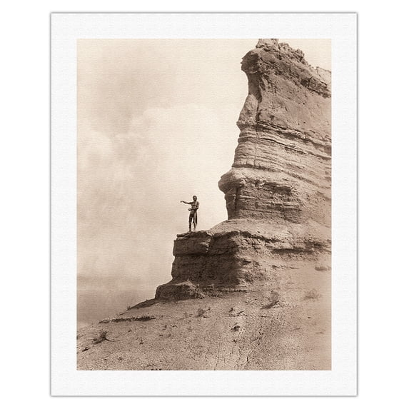 The Offering Tewa Man on Black Mesa - San Ildefonso Pueblo New Mexico - Vintage B&W Photograph by Edward S. Curtis c.1927 - Fine Art Rolled Canvas Print 20in x 26in