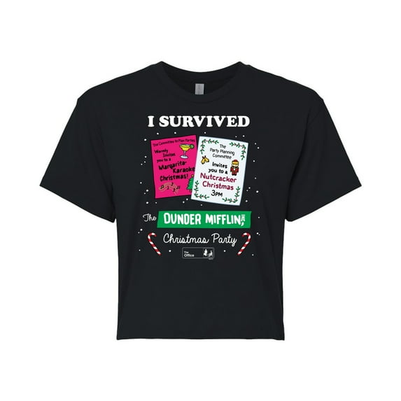 The Office - I Survived Dunder Mifflin Christmas Party - Juniors Cropped Cotton Blend T-Shirt
