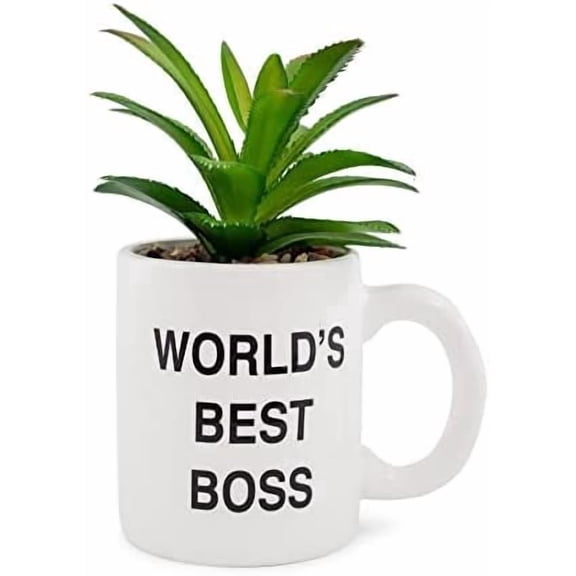 The Office World's Best Boss Decorative Artificial Faux Greenery Plant in Ceramic