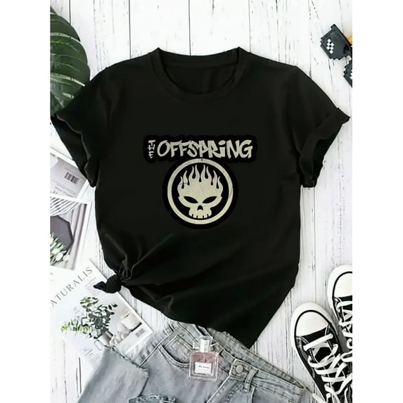 The Offspring Vintage Plus-Size Casual T-Shirt, Summer Base Layer for Women, Printed Short-Sleeve Round Neck Stretchy Black T-Shirt in Sizes 0XL-4XL.