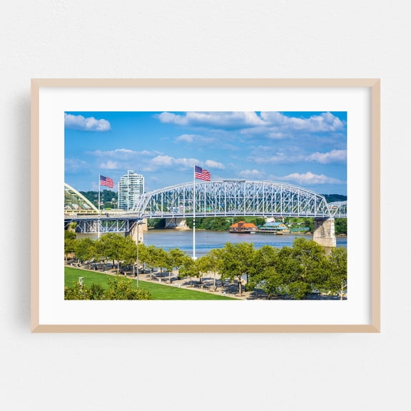 The Ohio River - Cincinnati Ohio Photography Bridge City Architecture Skyline Scenic Travel Poster Oak Framed Wall Art Print 5 x 7 inches