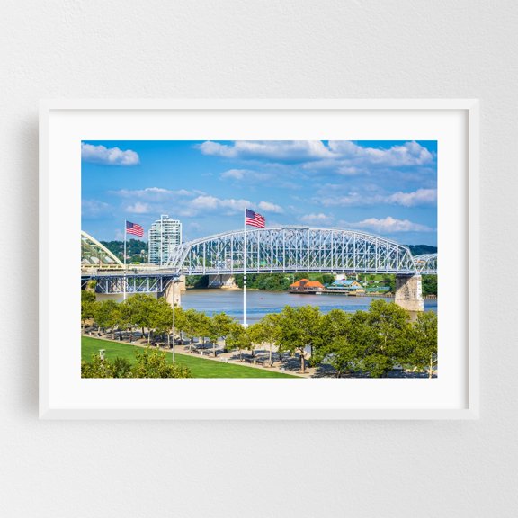 The Ohio River - Cincinnati Ohio Photography Bridge City Architecture Skyline Scenic Travel Poster White Framed Wall Art Print 5 x 7 inches