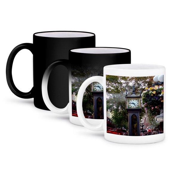 3drose, the Old Clock in Gas Town Canada with Flowers All Around It, 11oz Magic Transforming Mug