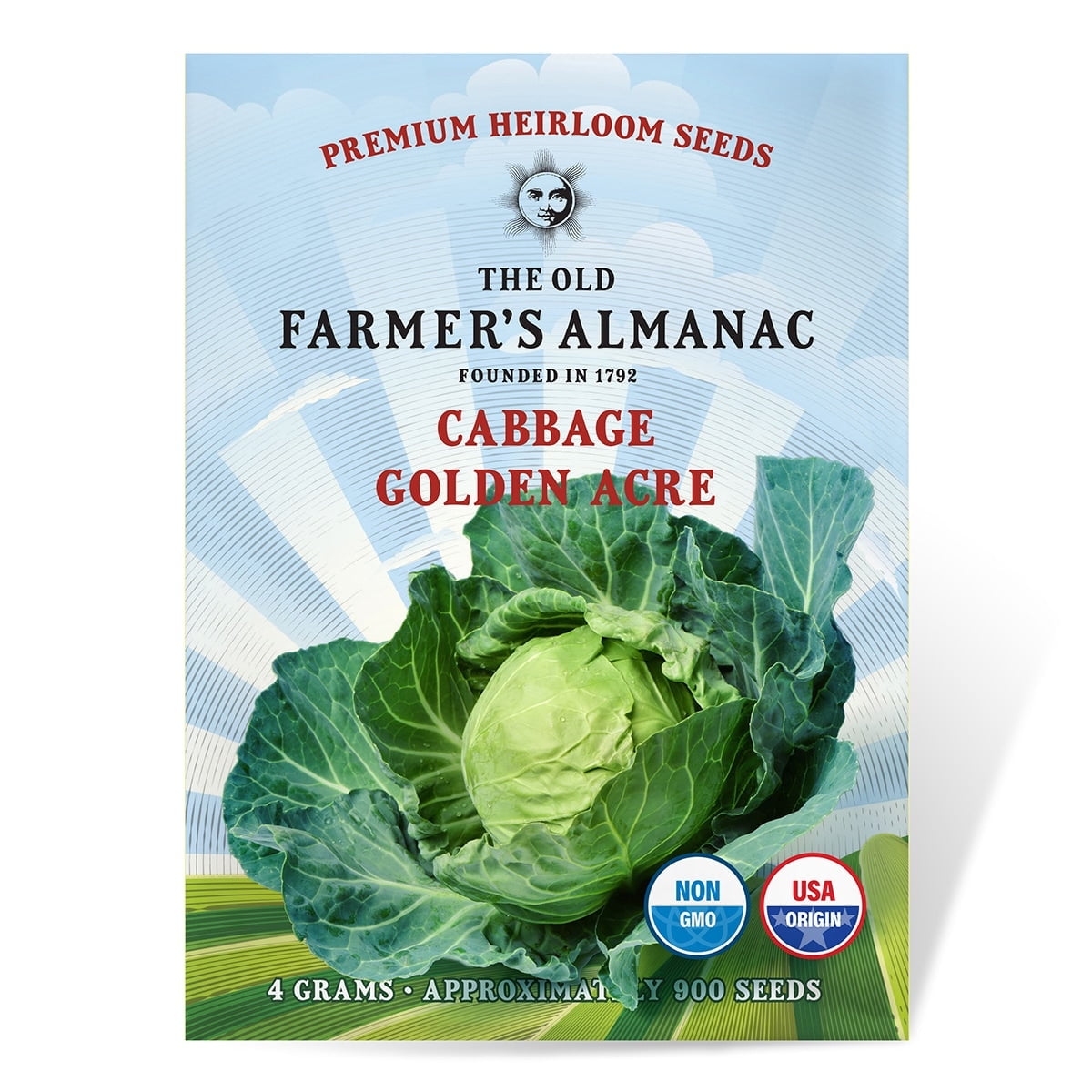 The Old Farmer's Almanac Heirloom Golden Acre Cabbage Seeds - Premium Non-GMO, Open Pollinated, USA Origin, Vegetable Seeds - 4 Grams