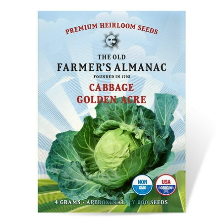 The Old Farmer's Almanac Heirloom Golden Acre Cabbage Seeds - Premium Non-GMO, Open Pollinated, USA Origin, Vegetable Seeds - 4 Grams
