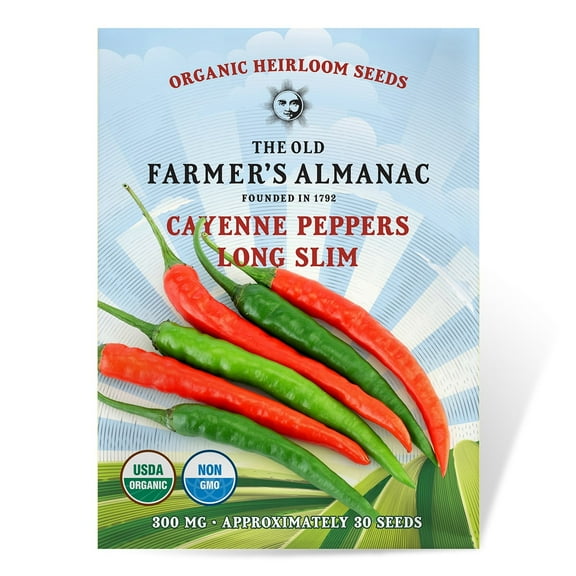 The Old Farmer's Almanac Organic Long Slim Cayenne Pepper Seeds - Premium Non-GMO, Open Pollinated, Heirloom, Vegetable Seeds - 300 MG
