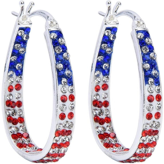 Crystal Hoop Earrings For Women American Flag Colors Inside Out Silver Plated Earring Jewelry Gift