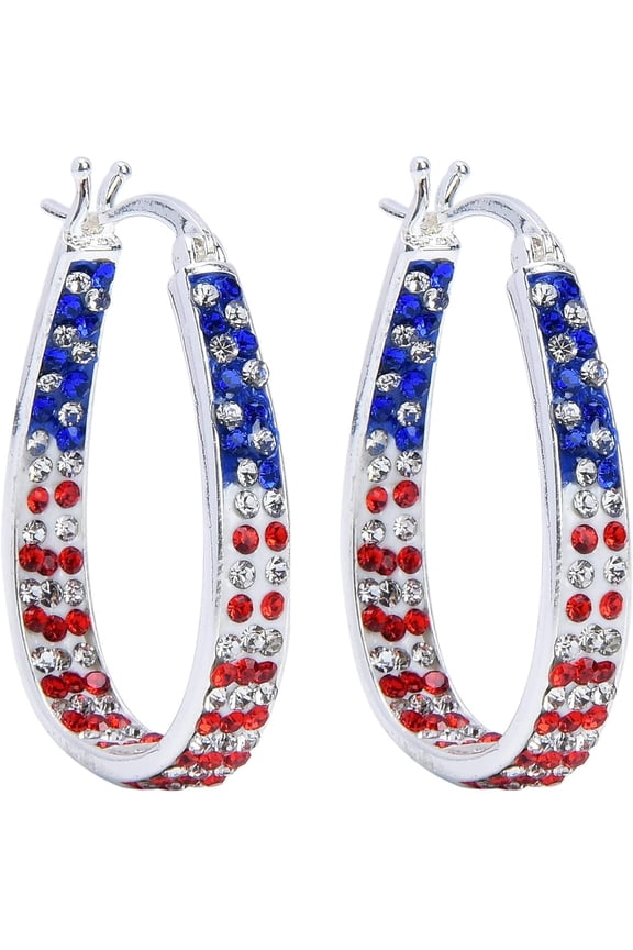 Crystal Hoop Earrings For Women American Flag Colors Inside Out Silver Plated Earring Jewelry Gift