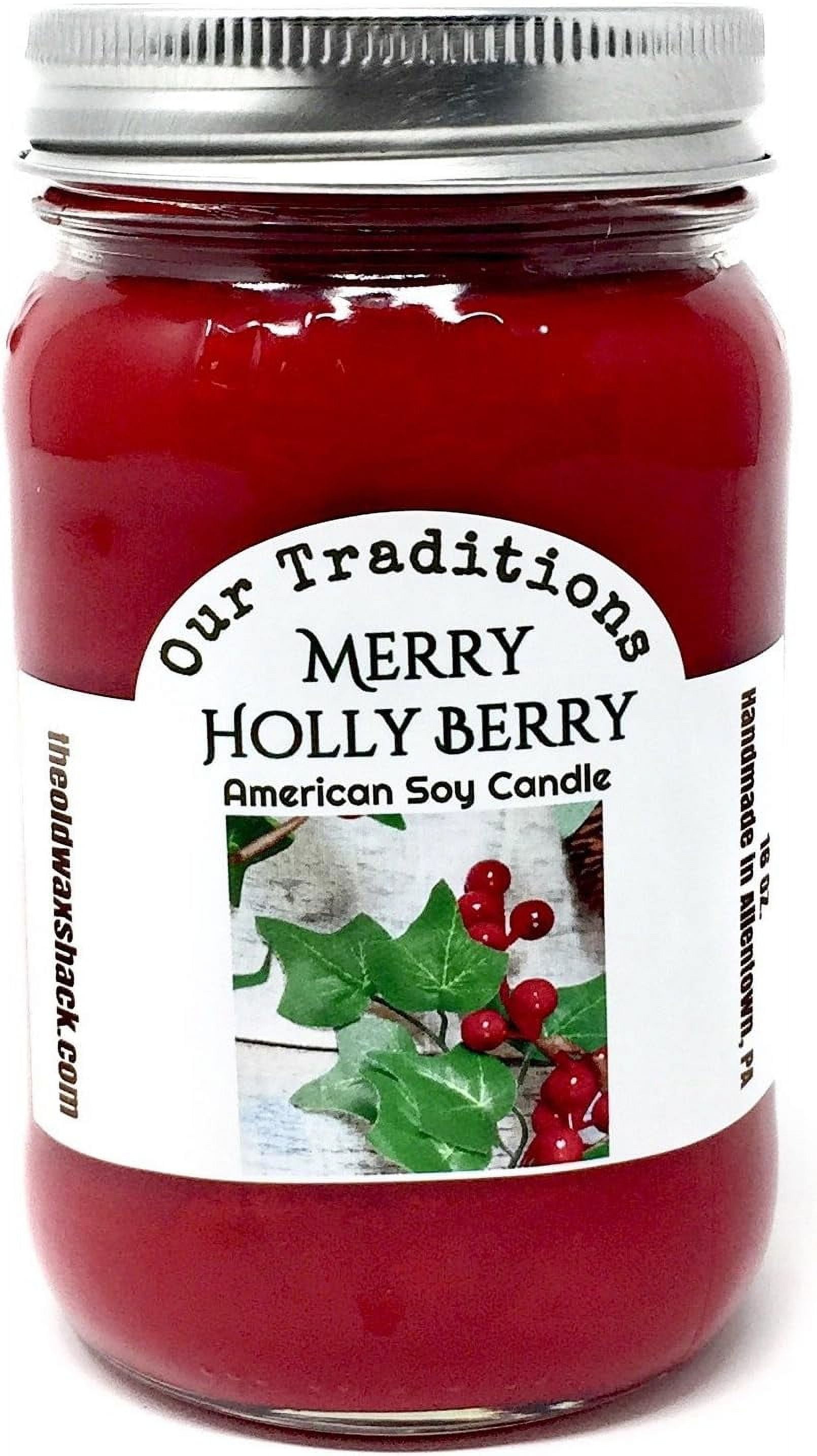 The Old Wax Shack® Merry Holly Berry, 16 Oz. Mason Jar, 100% Red Soy Candle, Christmas
