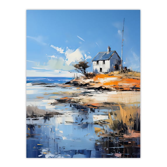 The Old White Crofters Cottage Oil Painting Palette Knife Blue Orange Serene Scottish Coastal Landscape Unframed Wall Art Print Poster Home Decor Premium