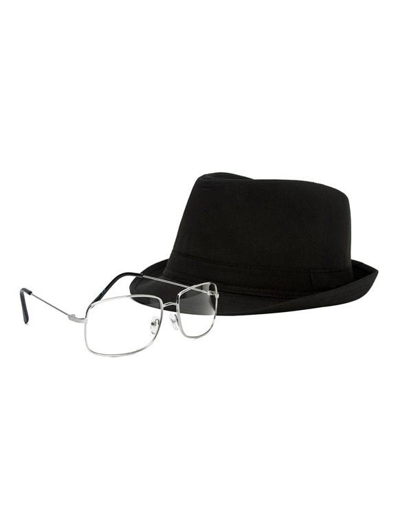The One Who Knocks Clear Rectangle Aviator Lens Glasses Silver Sunglasses/ Black Fedora