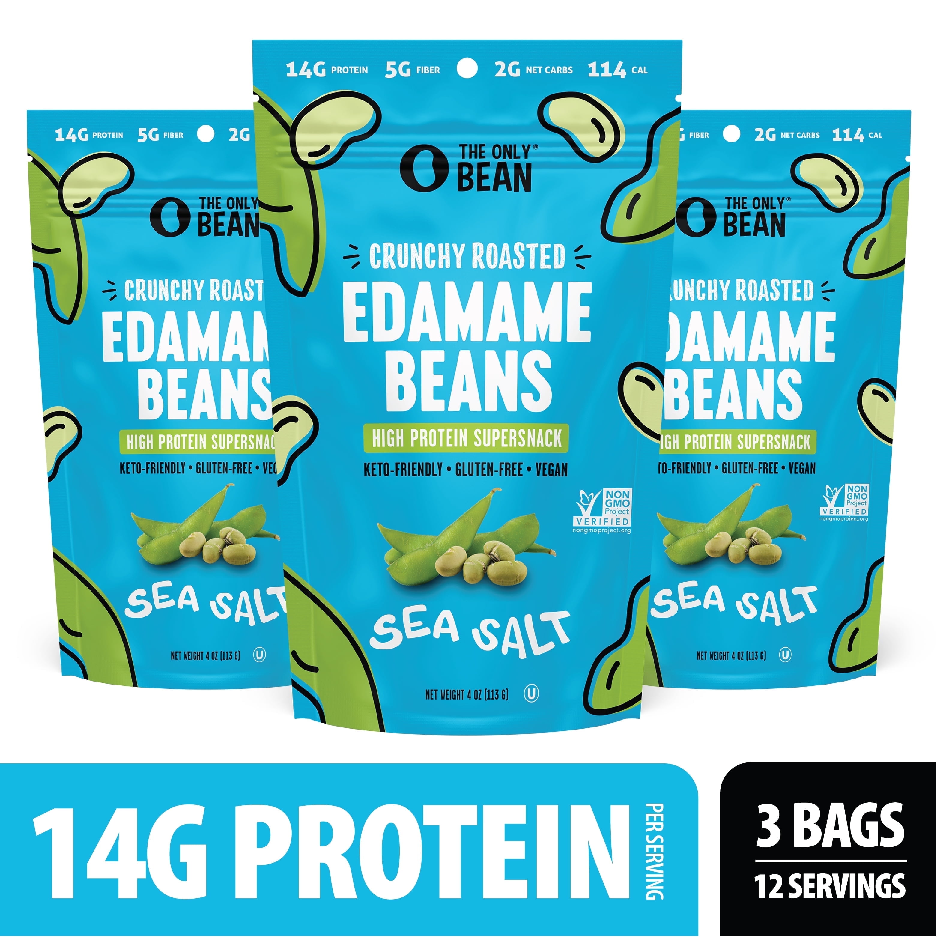 The Only Bean - Crunchy Roasted Edamame Beans (Sea Salt) - Keto Snacks (2g Net) - High Protein Healthy Snacks (14g Protein) - Low Carb, Gluten-Free Snack, Vegan Food - 4 oz (3 Pack)