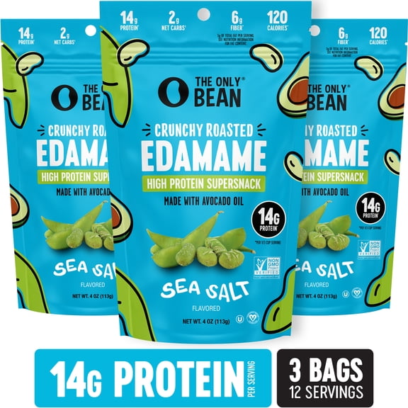 The Only Bean - Crunchy Roasted Edamame Beans (Sea Salt) - Keto Snacks (2g Net) - High Protein Healthy Snacks (14g Protein) - Low Carb, Gluten-Free Snack, Vegan Food - 4 oz (3 Pack)