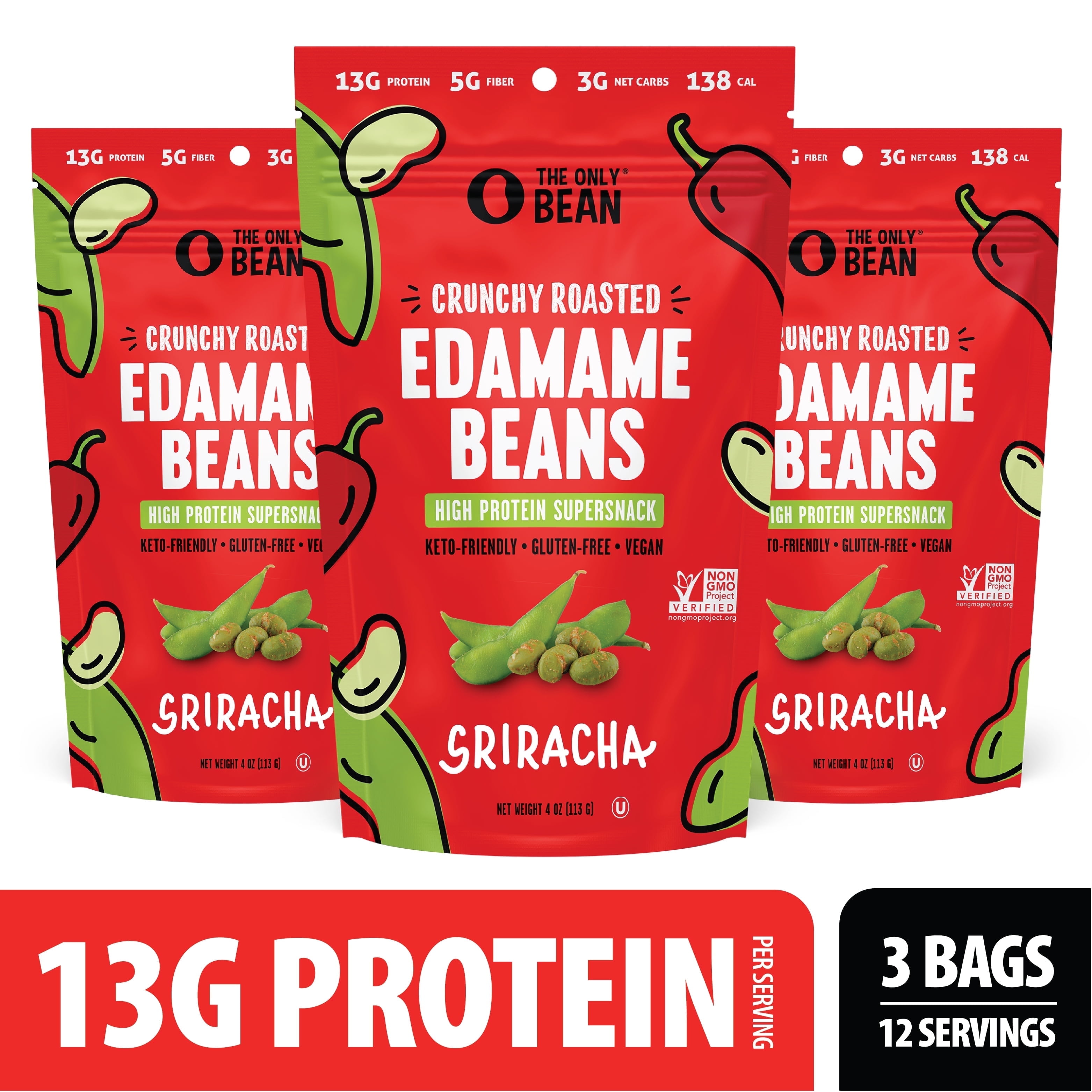 The Only Bean Crunchy Roasted Edamame Snack (Sriracha), High Protein Snacks (13g) Healthy Protein Chips, Keto Friendly Food (2g Net), Plant-Based Vegan Snacks, Office Snacks, Spicy Snack, 4oz 3 Pack