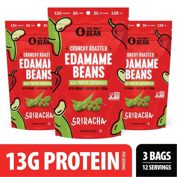 The Only Bean Crunchy Roasted Edamame Snack (Sriracha), High Protein Snacks (13g) Healthy Protein Chips, Keto Friendly Food (2g Net), Plant-Based Vegan Snacks, Office Snacks, Spicy Snack, 4oz 3 Pack