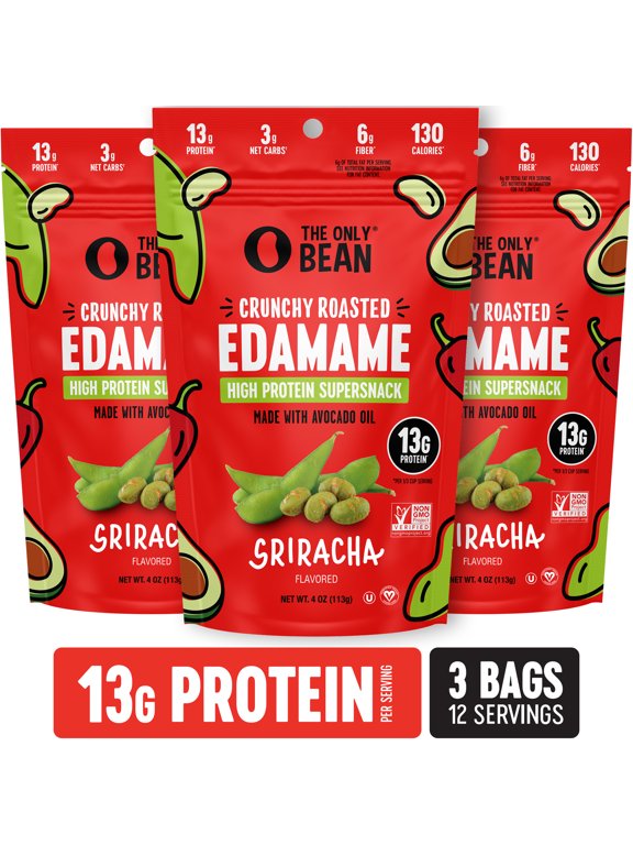 The Only Bean Crunchy Roasted Edamame Snack (Sriracha), High Protein Snacks (13g) Healthy Protein Chips, Keto Friendly Food (2g Net), Plant-Based Vegan Snacks, Office Snacks, Spicy Snack, 4oz 3 Pack