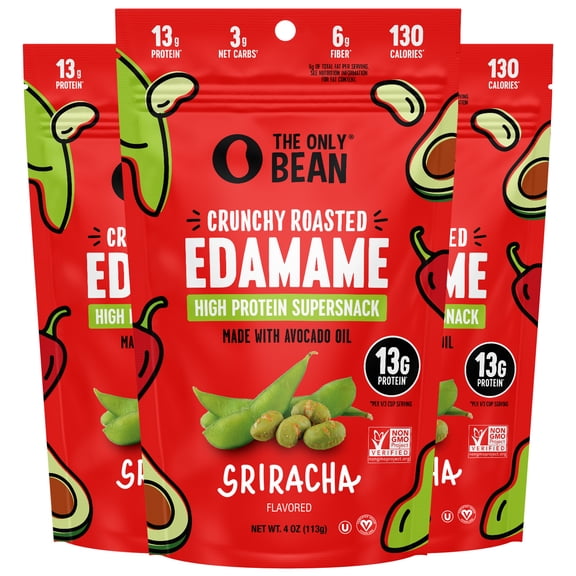 The Only Bean Crunchy Roasted Edamame Snack (Sriracha), High Protein Snacks (13g) Healthy Protein Chips, Keto Friendly Food (2g Net), Plant-Based Vegan Snacks, Office Snacks, Spicy Snack, 4oz 3 Pack