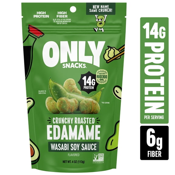 The Only Bean Crunchy Roasted Edamame Beans Snack, Wasabi Soy Sauce, 4 oz Resealable Bag