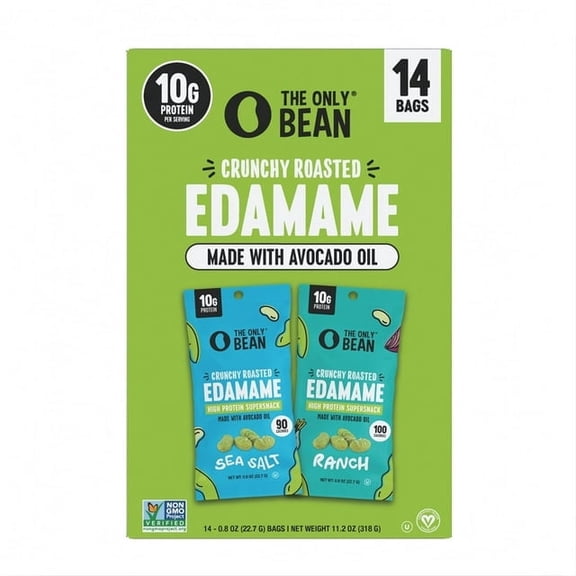 The Only Bean Edamame Beans, 0.8 oz Packs, 14-Pack Crunchy Roasted Snack, High Protein