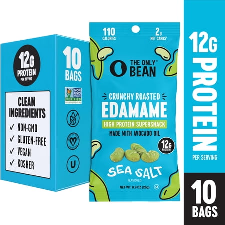 The Only Bean Crunchy Dry Roasted Edamame Snacks (Sea Salt), Keto Snack Food, High Protein (11g) Healthy Snacks, Low Carb Gluten Free Office Vegan Food 100 Calorie Snack Pack, 0.9oz 10 Pack
