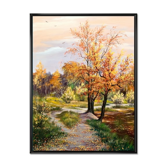 The Orange Woods Along River 12 in x 20 in Framed Painting Canvas Art Print, by Designart