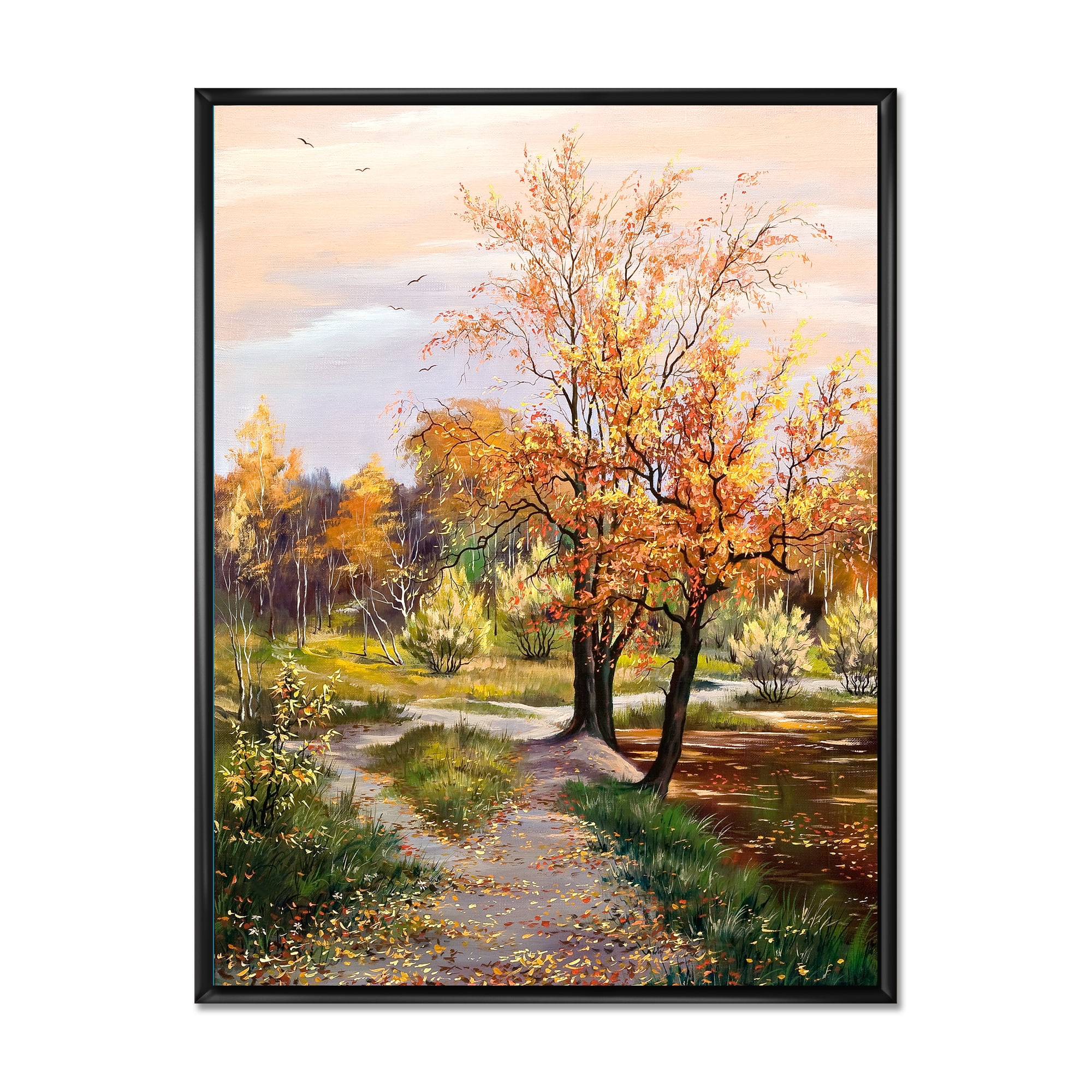 The Orange Woods Along River 30 in x 40 in Framed Painting Canvas Art Print, by Designart