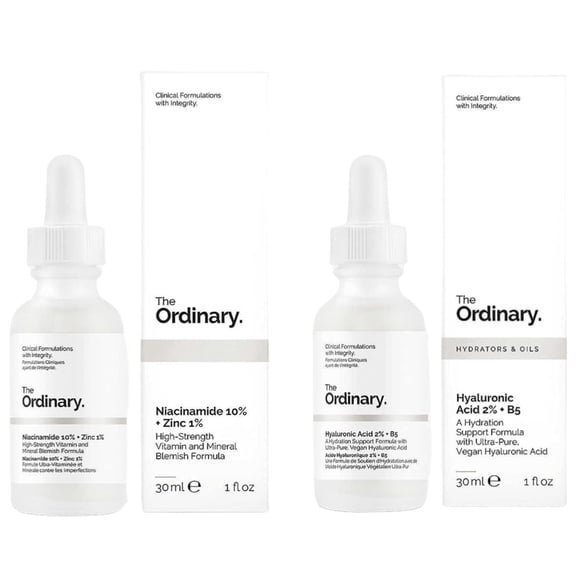 The Ordinary Facial Treatment: Hyaluronic Acid with 2% + B5 (30ml) and The Ordinary Niacinamide 10% + Zinc 1% (30ml) Bundle Face Care Set