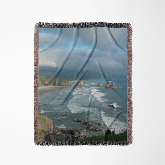 The Oregon Coast And Cannon Beach From Ecola State Park, Oregon., Woven Blanket