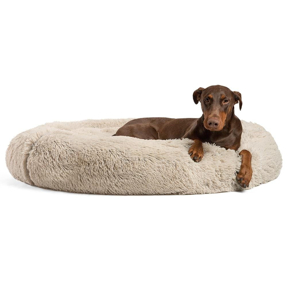 Extra Large Taupe Faux Fur Orthopedic Donut Dog Bed