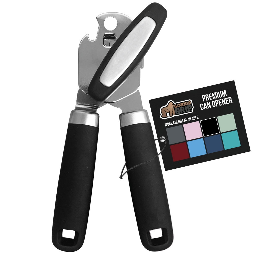 GORILLA GRIP Stainless Steel Manual Can Opener, Soft Touch Handle, Built-In Bottle Opener, Black