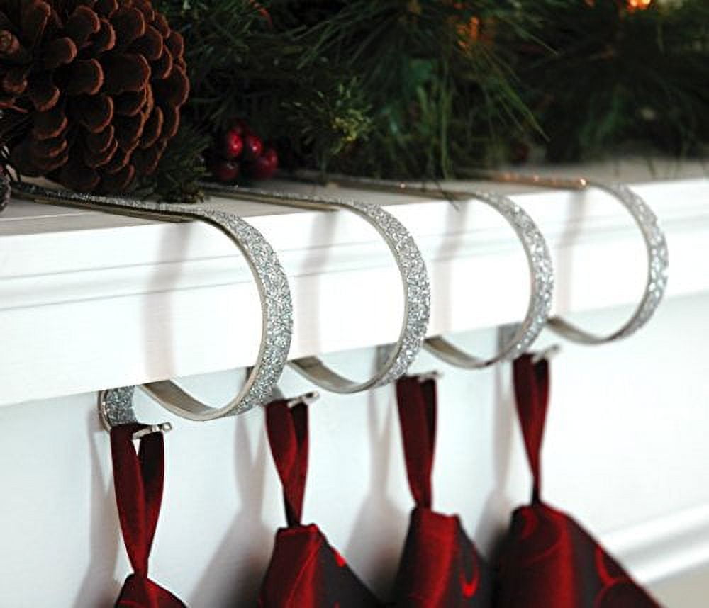 Silver Glitter Adjustable Mantle Clip Stocking Holders, Set of 4