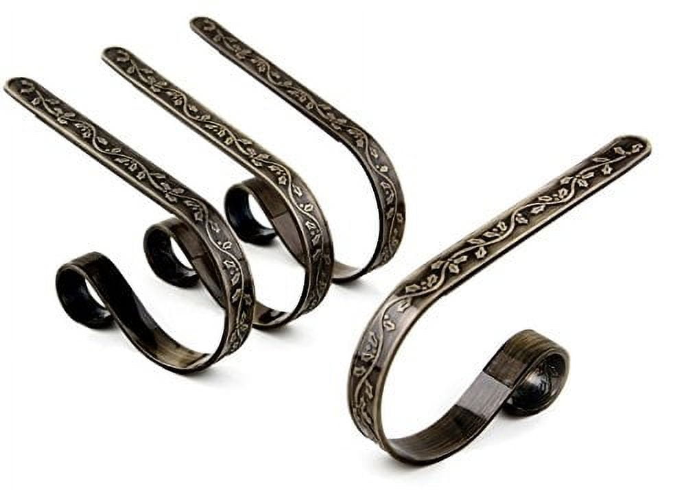 Antique Brass Holly Embossed MantleClip Stocking Holders, Set of 4