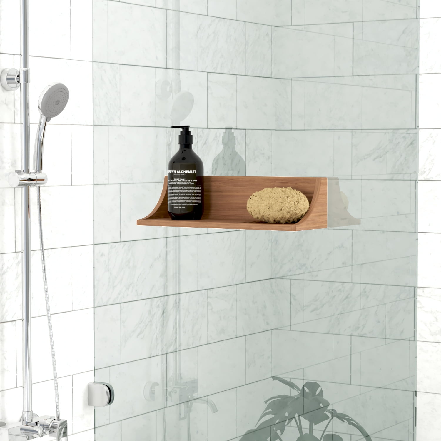 Teak Wood Suction Mount Shower Shelf with Razor Port
