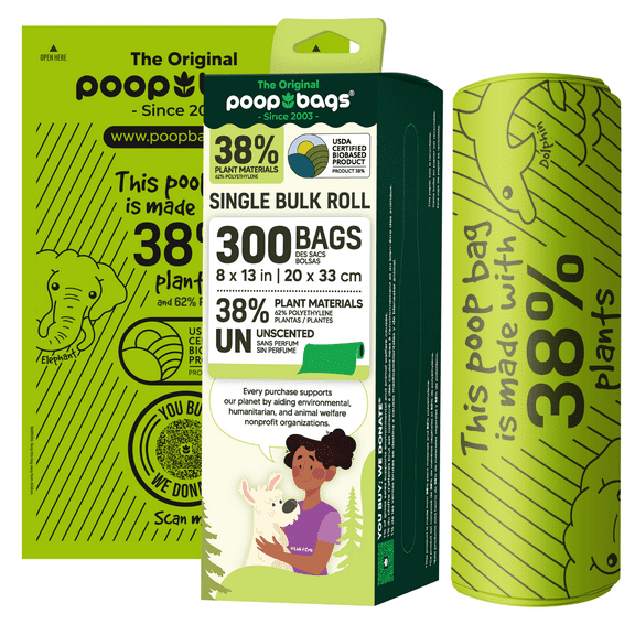 The Original Poop Bags USDA Certified 38% Plant-Based Doggy Poop Bags Refills - Unscented, Leak-Proof & Strong, Single Bulk Roll, 300 Count