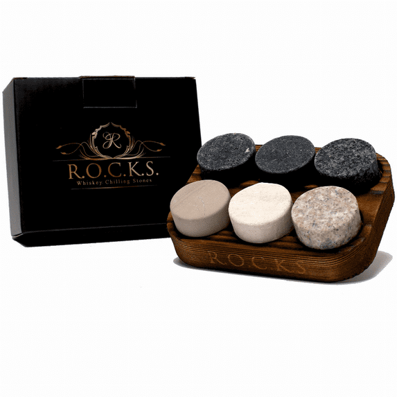 Whiskey Chilling Stones - Set of 6 Handcrafted Premium Granite Round Sipping Rocks - Hardwood Presentation & Storage Tray - Perfect Gift by R.O.C.K.S.