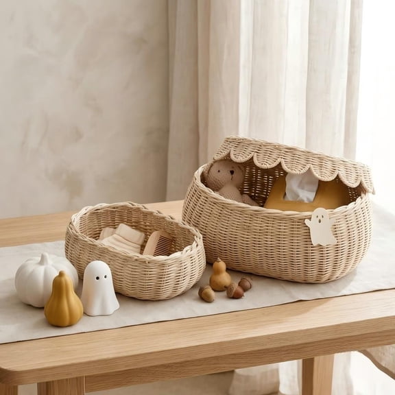 The Original Scalloped Bow Basket with Lid  Set of 2, Handwoven Wicker Storage Organizer, Boho Farmhouse Decorative Bins for Home Organization