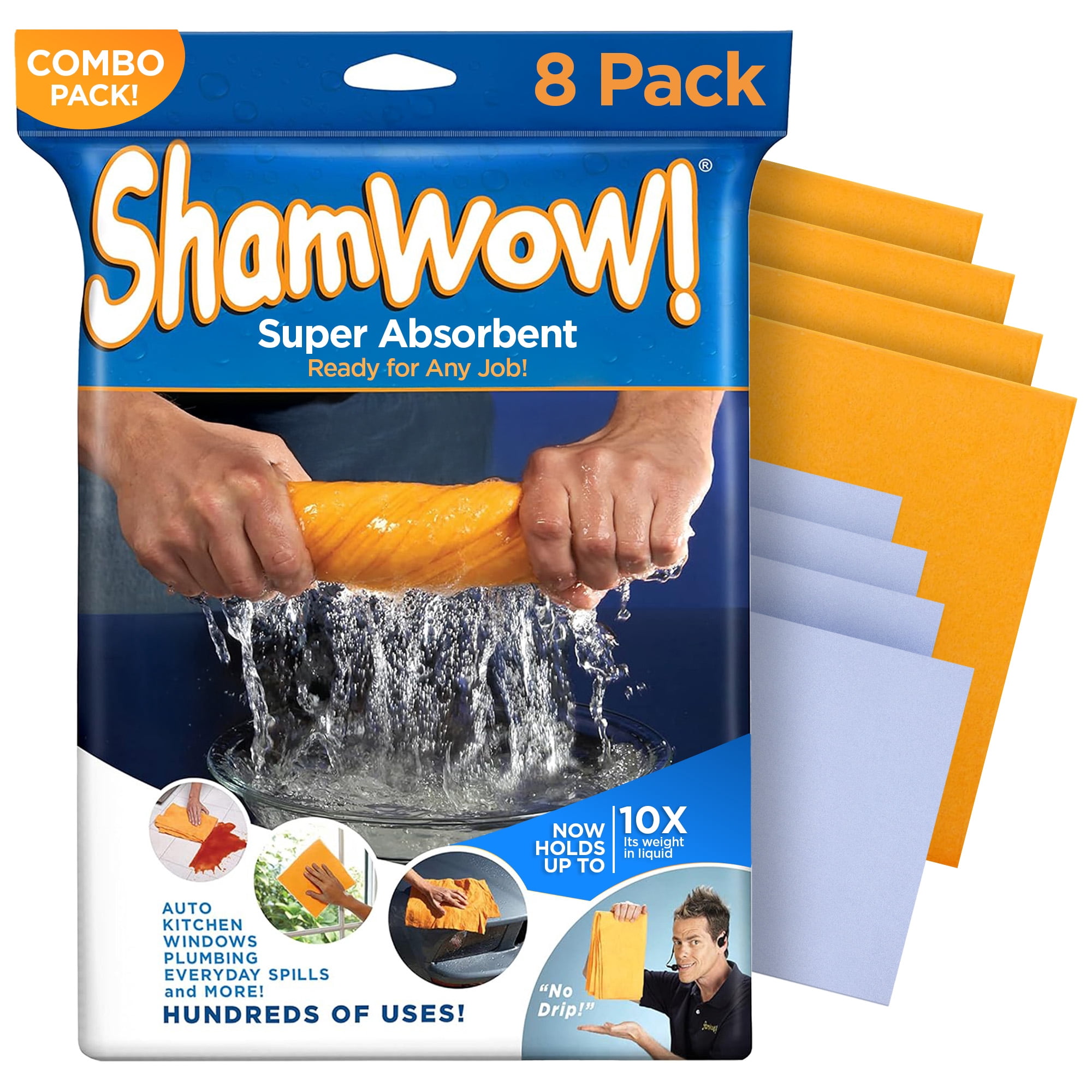 The Original Shamwow, Super Absorbent, Multi Purpose Cleaning Chamois Towel Cloth, 8 Pack, 4 Large Orange and 4 Small Blue