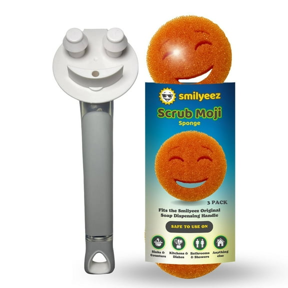 The Original Smiling Handle with Soap Dispensing & 3 Orange Scrub Moji Sponges - Combo