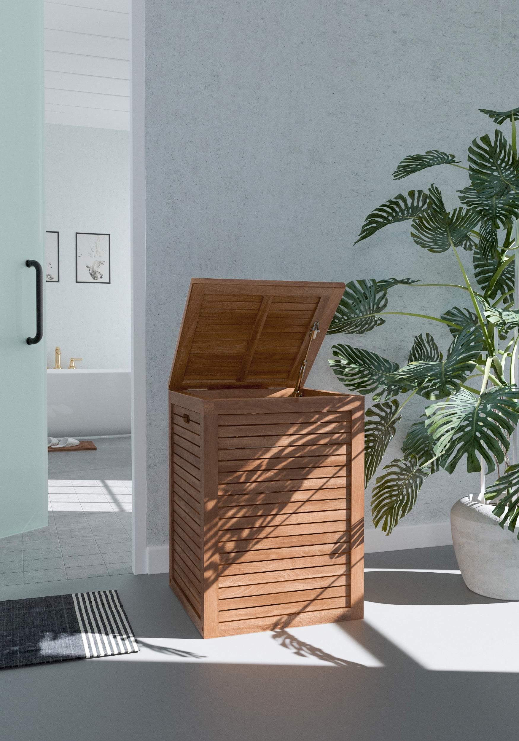 Large Teak Wood Upright Hamper with Lid