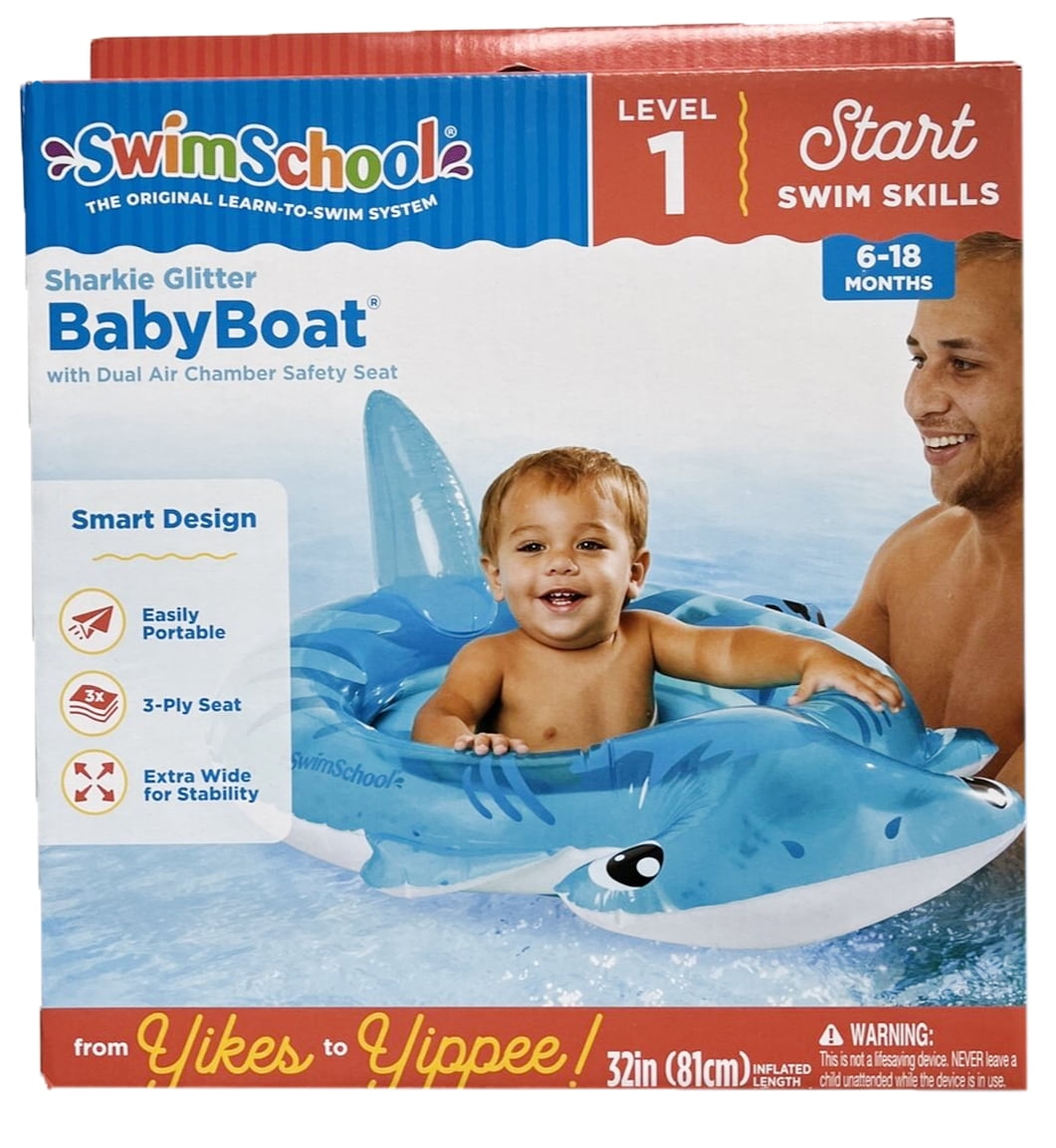 Swim School Sharkie First Baby Floatie for Pool, GlitterFilled Boat