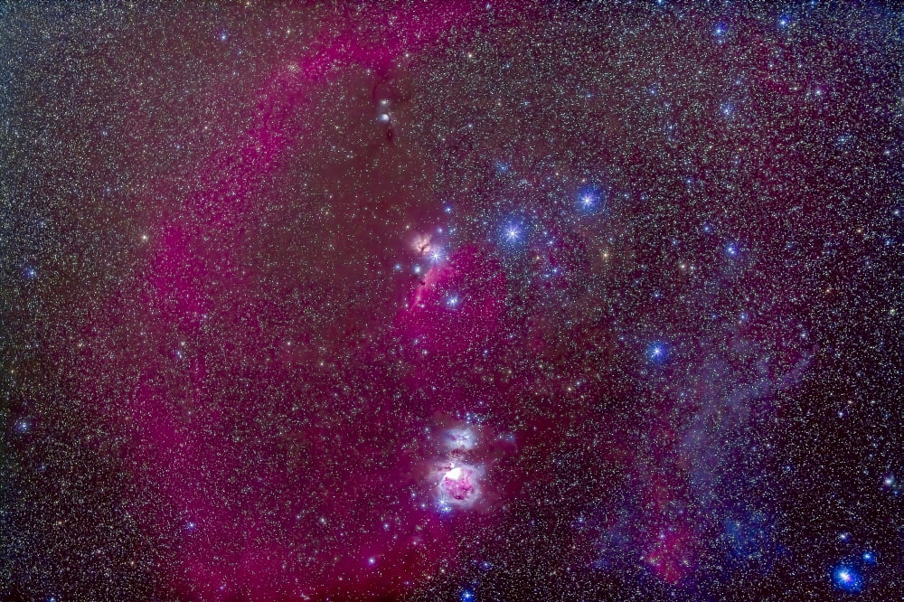 The Orion Nebula Belt of Orion Sword of Orion and nebulosity Canvas Art - Alan DyerStocktrek Images (18 x 12)