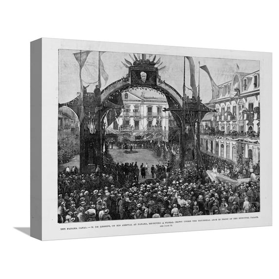 Art.com The Panama Canal - M. De Lesseps, on His Arrival at Panama, Receiving a Floral Crown under the Triu Stretched Canvas Print Wall Art, 16" x 12"
