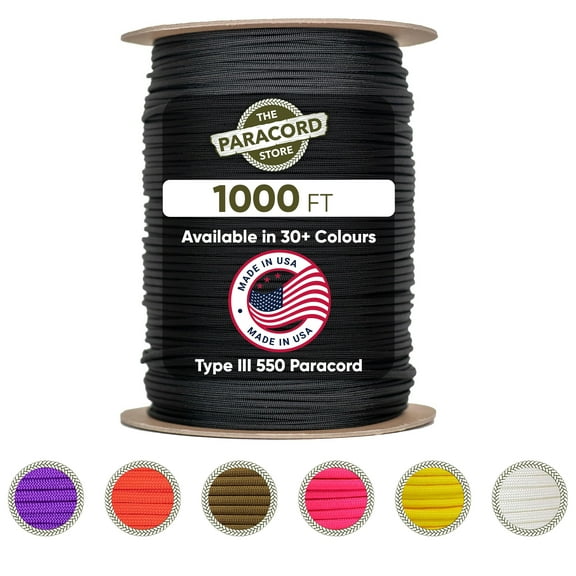 The Paracord Store Type III 550 cord for Active Outdoors, Heavy Duty Survival Cord for Fishing, Camping & More, Black