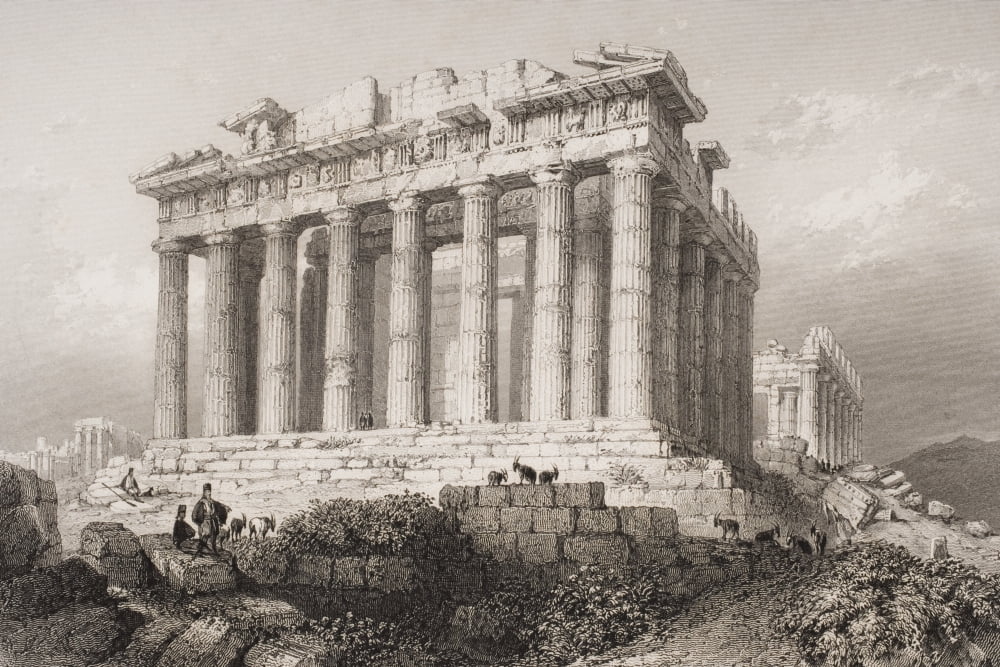 The Parthenon At Athens Greece Engraved By E Challis After WH Bartlett Canvas Art - Ken Welsh Design Pics (36 x 24)