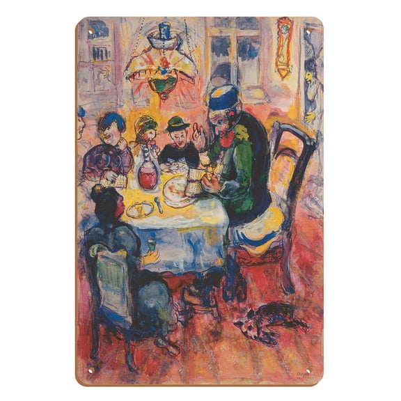 The Passover Seder - From an Original Color Painting by Marc Chagall c.1925 - 8 x 12 inch Vintage Wood Art Sign