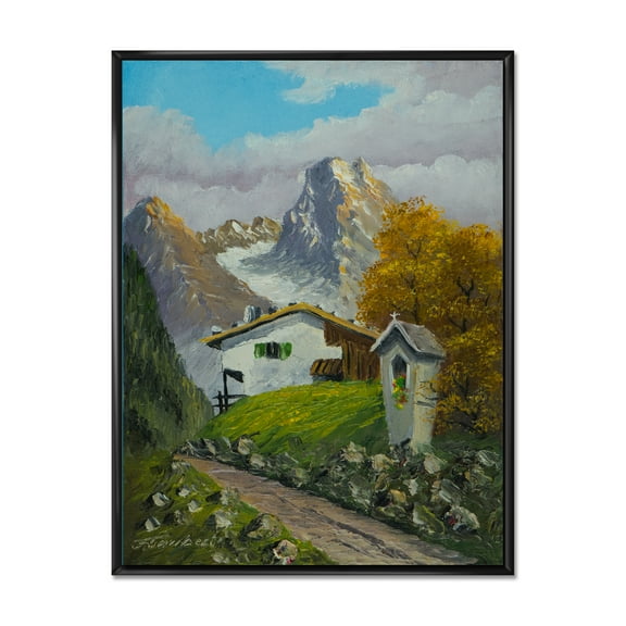The Path Leading To A House Along Wayside Shrine 12 in x 20 in Framed Painting Canvas Art Print, by Designart