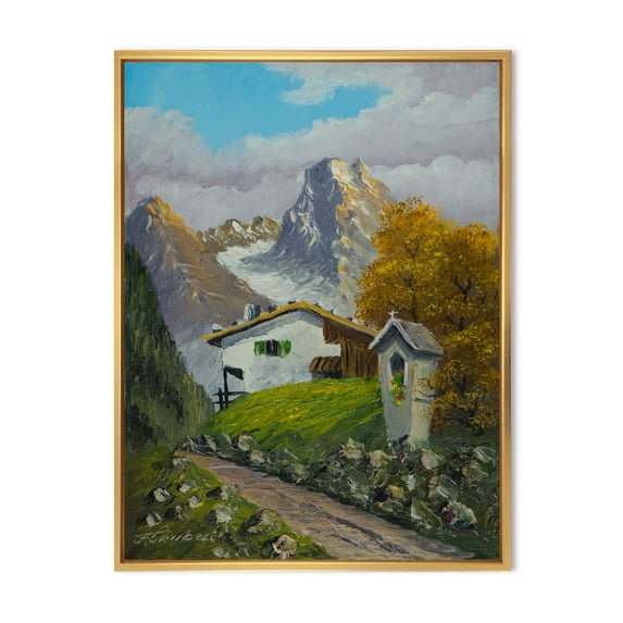 The Path Leading To A House Along Wayside Shrine 16 in x 32 in Framed Painting Canvas Art Print, by Designart