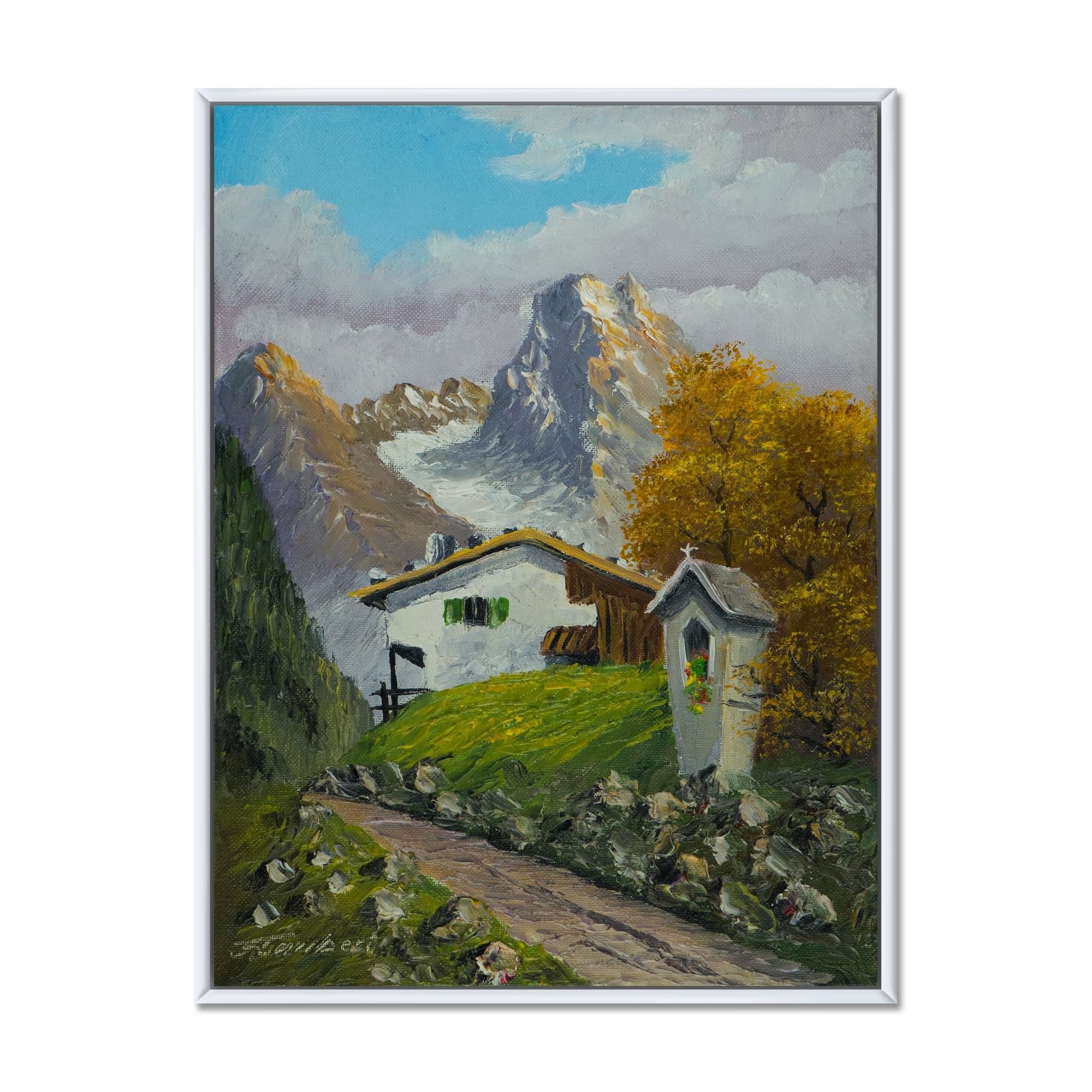 The Path Leading To A House Along Wayside Shrine 16 in x 32 in Framed Painting Canvas Art Print, by Designart